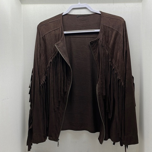 Fringe, light suede feel jacket, large-ext large, zipper front, dark brown - Picture 1 of 12
